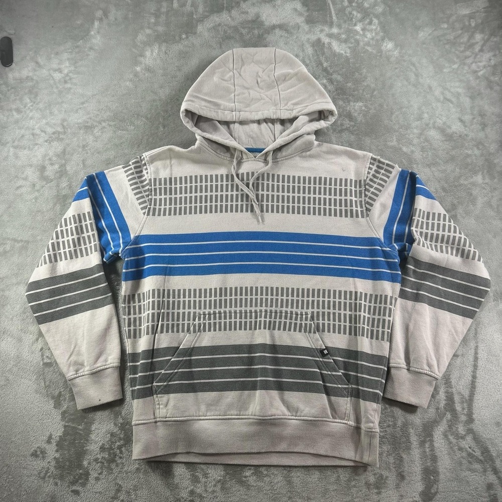 DC Shoes Hoodie Mens Medium Gray Blue Striped Fleece Pullover Sweatshirt Casual